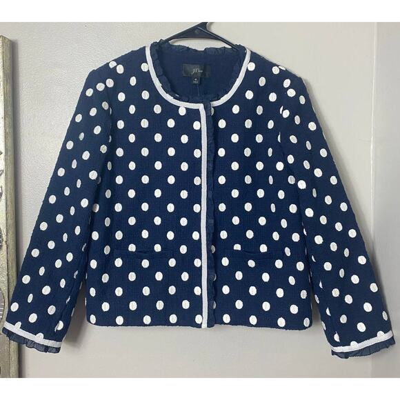 NWT J. CREW BLAZER JACKET POLKA DOT NAVY BLUE WHITE TEXTURED TWEED RUFFLE G3728 - Picture 3 of 16